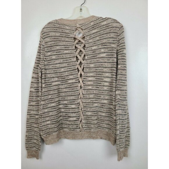 Hem & Thread Women Tan Lace Up Back Striped Knit Pullovers Sweater Size Medium - Picture 3 of 6